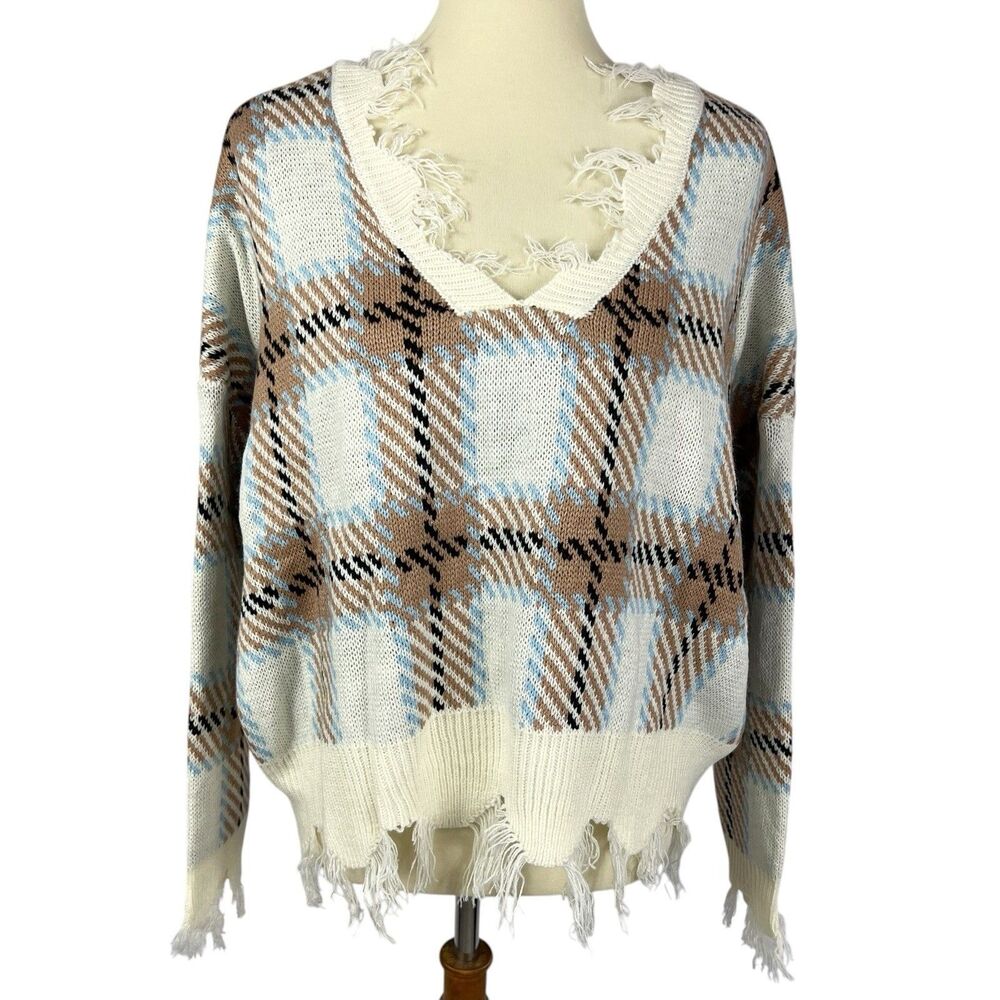 NEW Just Polly Junior Plaid Distressed V-Neck Fringe Boxy Pullover Sweater Large